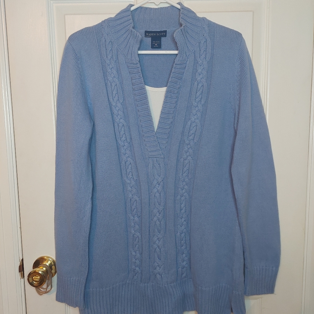 Karen Scott Periwinkle Blue Cable Knit Long Line V Neck Pullover Sweater Size M